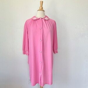 Vintage 60s Pink Satin Trim Long Sleeve Button Front Robe